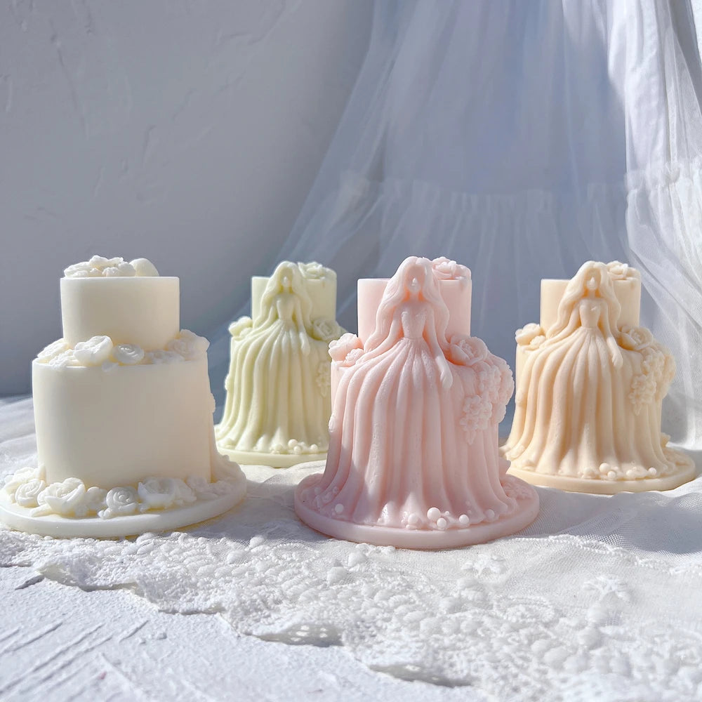 Tiered cake reverse beside long princess gown castings