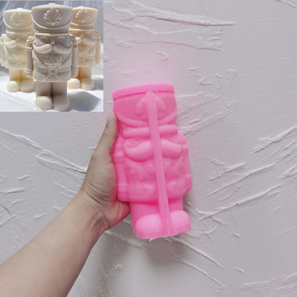 Pink silicone mold for stout nutcracker soldier with boots and broad hat