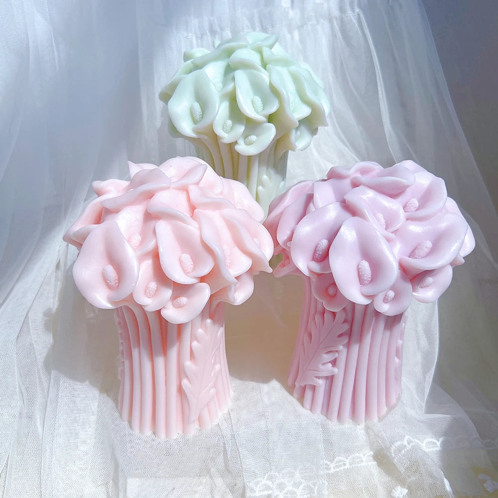 Three calla lily bouquet samples with curled petal edges