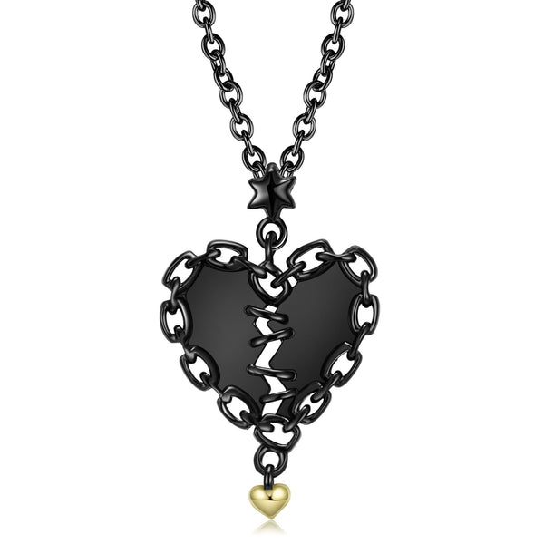 Sewn Heart Cute Black Gold S925 Silver Sterling Necklace Obsesie