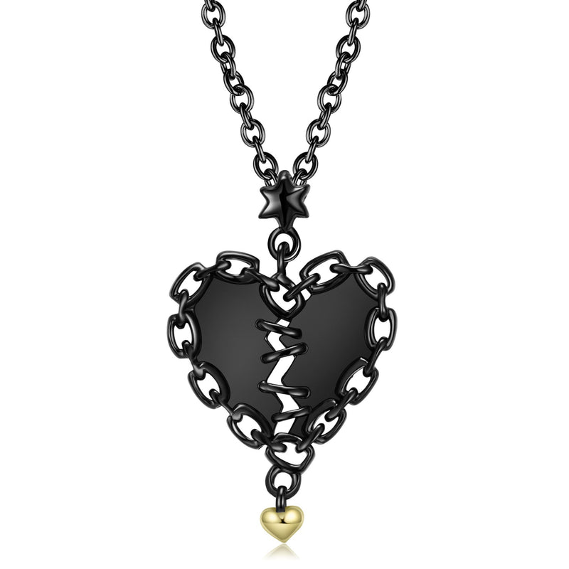 Sewn Heart Cute Black Gold S925 Silver Sterling Necklace Obsesie