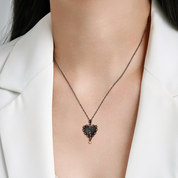 Sewn Heart Cute Black Gold S925 Silver Sterling Necklace Obsesie