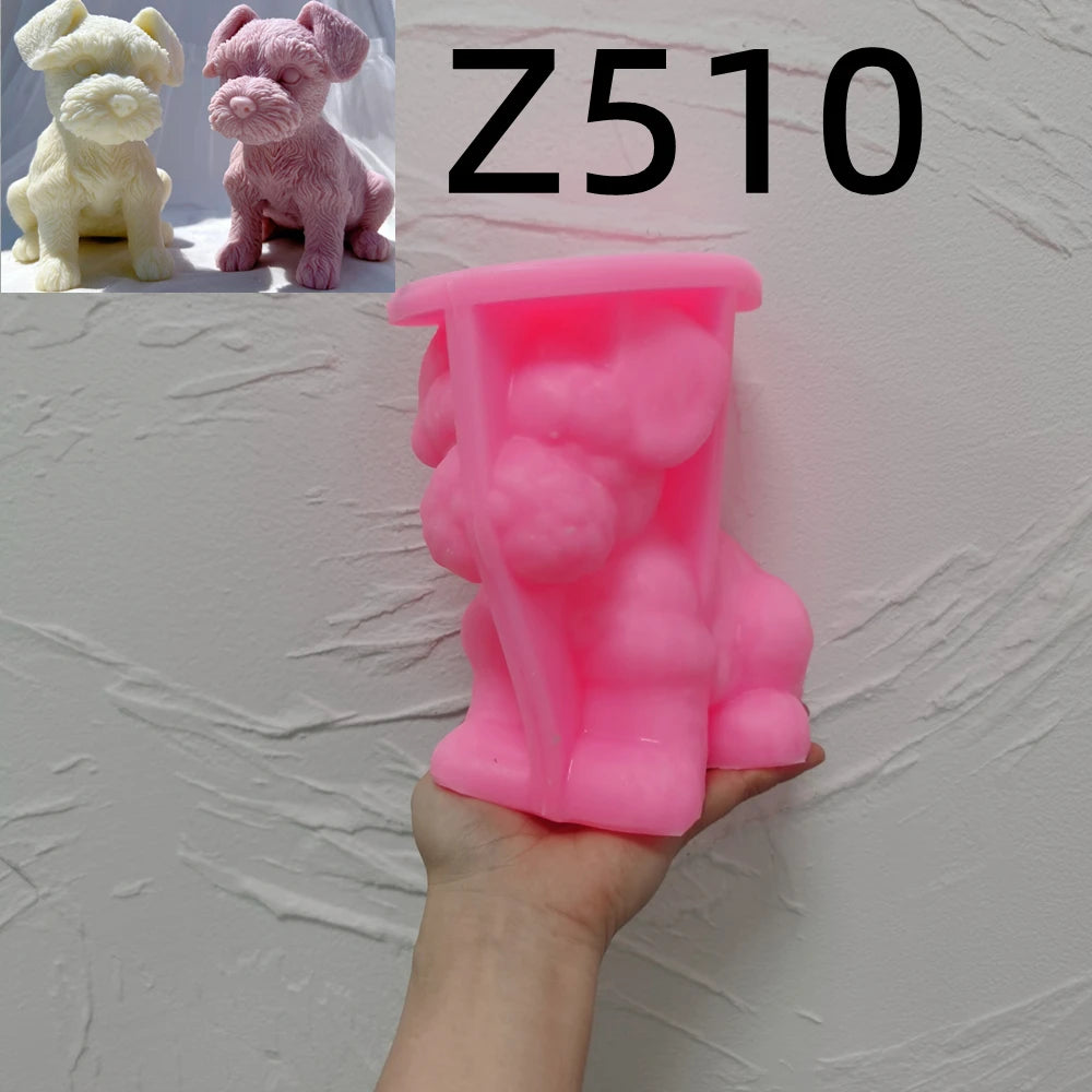 Pink silicone mold for schnauzer puppy with finished dog example