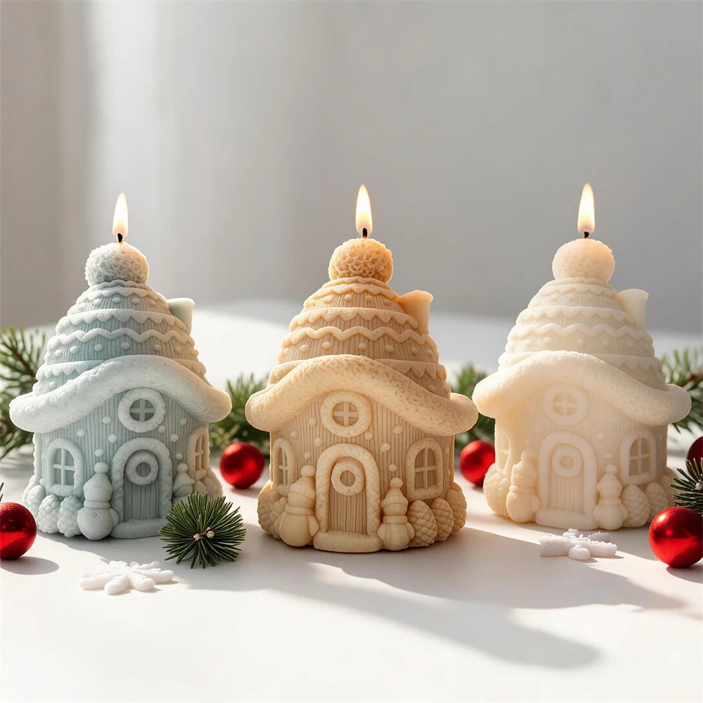 Winter cottage candle samples with wavy roof trim and textured bases