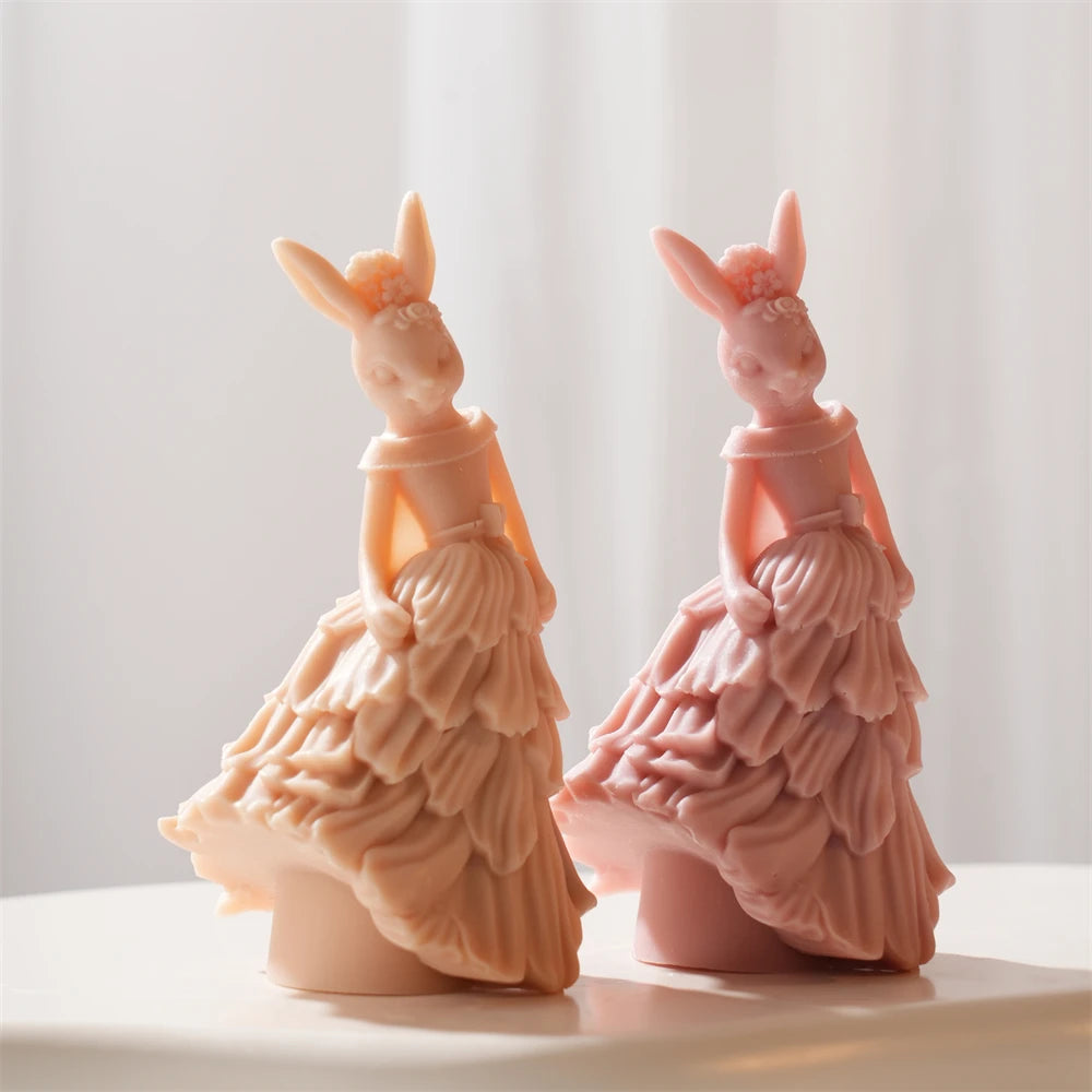 Angled view of rabbits lifting their layered skirts