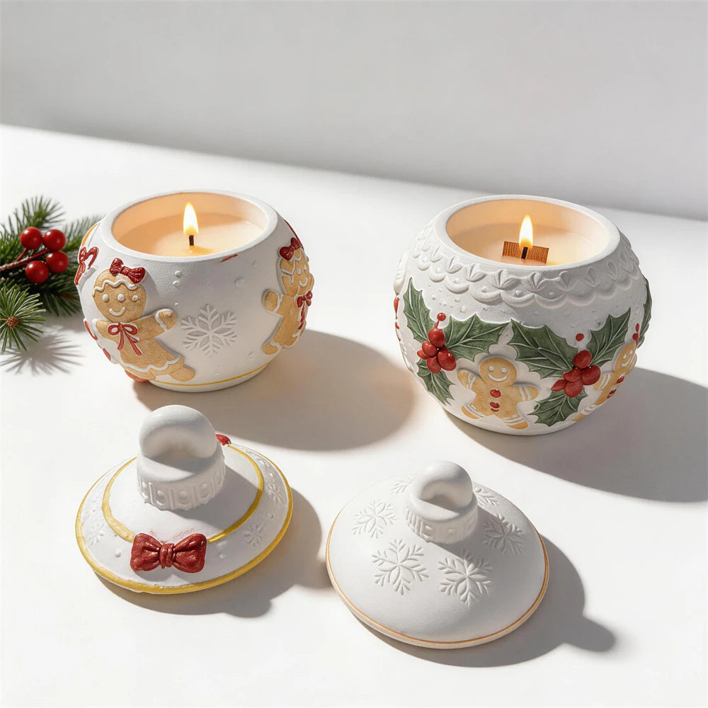 Open candy-motif and holly gingerbread vessels with separate lids