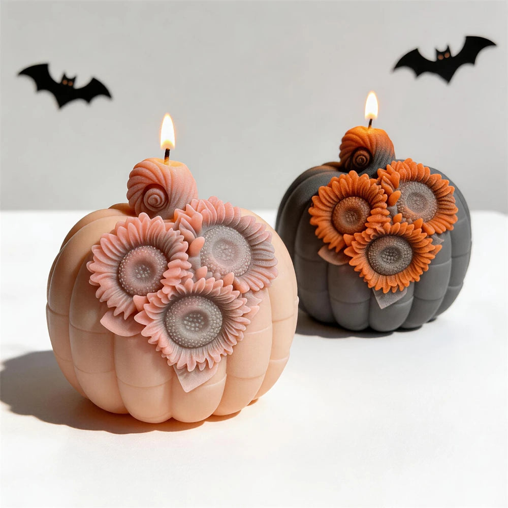 Peach and dark gray sunflower pumpkin candle examples