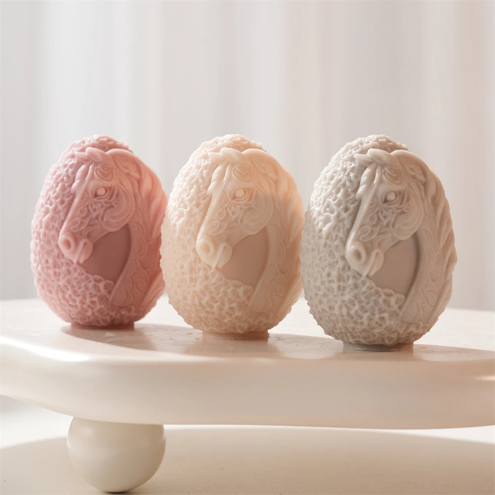 Close-up of raised horse's head and mane on three Easter eggs