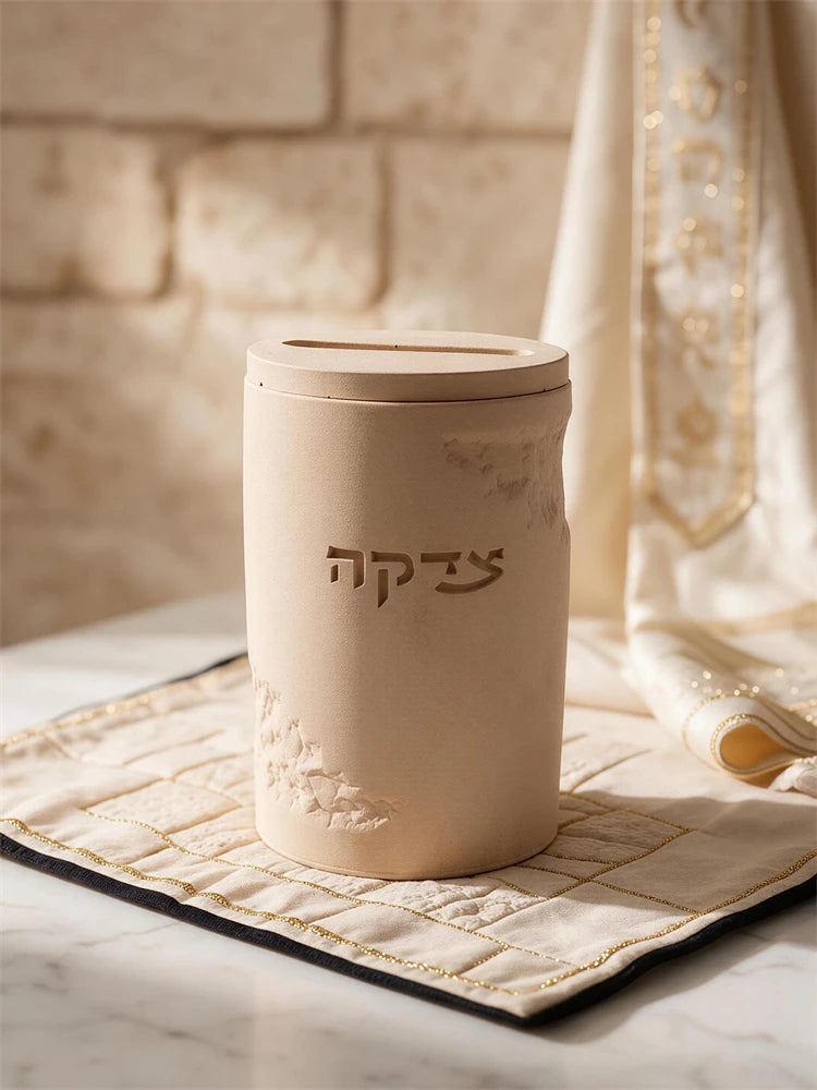Front view of text-only Hebrew inscription tzedakah box with narrow top slot