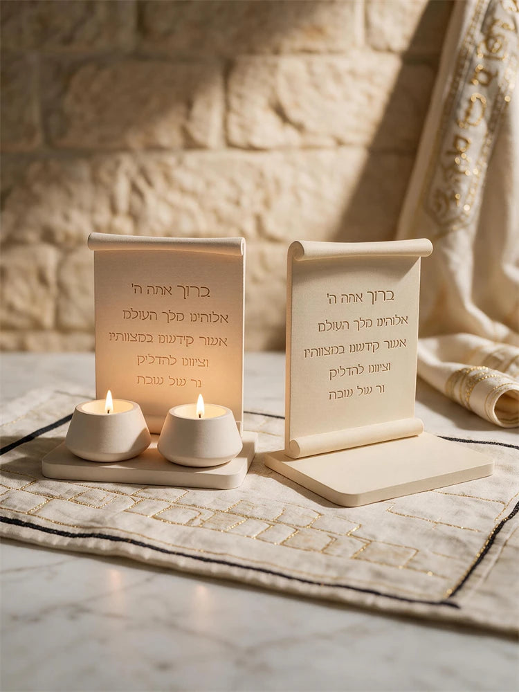 Two freestanding Hebrew inscription scroll plaques with separate tealight decorations