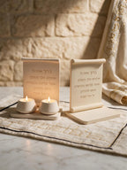 Two freestanding Hebrew inscription scroll plaques with separate tealight decorations