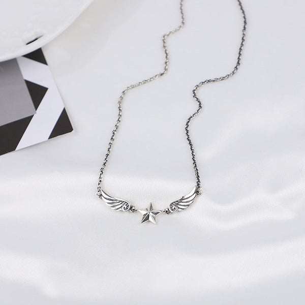 Silver Angel Wings Necklace Angel Wings Pentagram Necklace Lock Obsesie