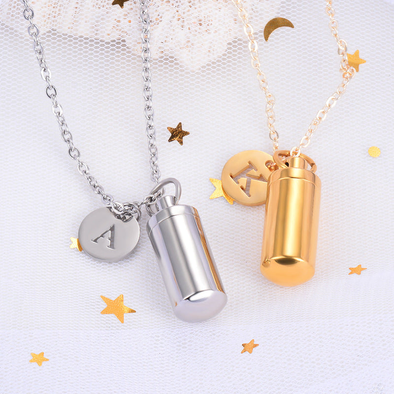 Small Cylindrical Memorial Necklace for Ashes With Letters 