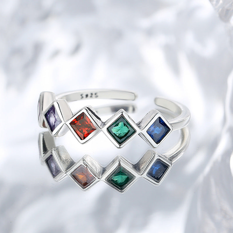 Small Design Geometric Rainbow Sterling Silver Inlaid Color Zircon Ring Obsesie