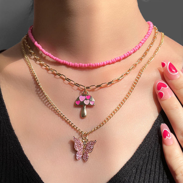 Sparkling Butterfly Pendant Bubblegum Mushroom Necklace Obsesie