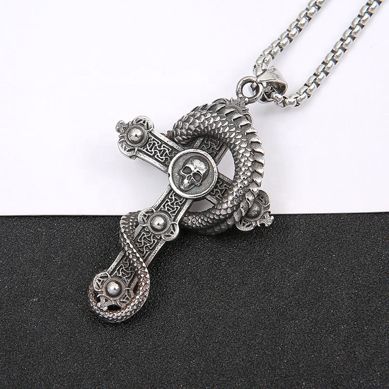 Stainless Steel Dragon and Cross Pendant Necklace - A Symbol of Strength and Faith Obsesie