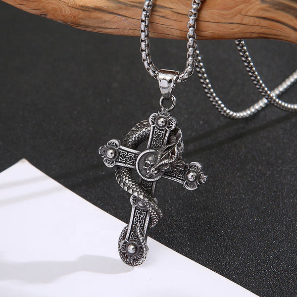 Stainless Steel Dragon and Cross Pendant Necklace - A Symbol of Strength and Faith Obsesie