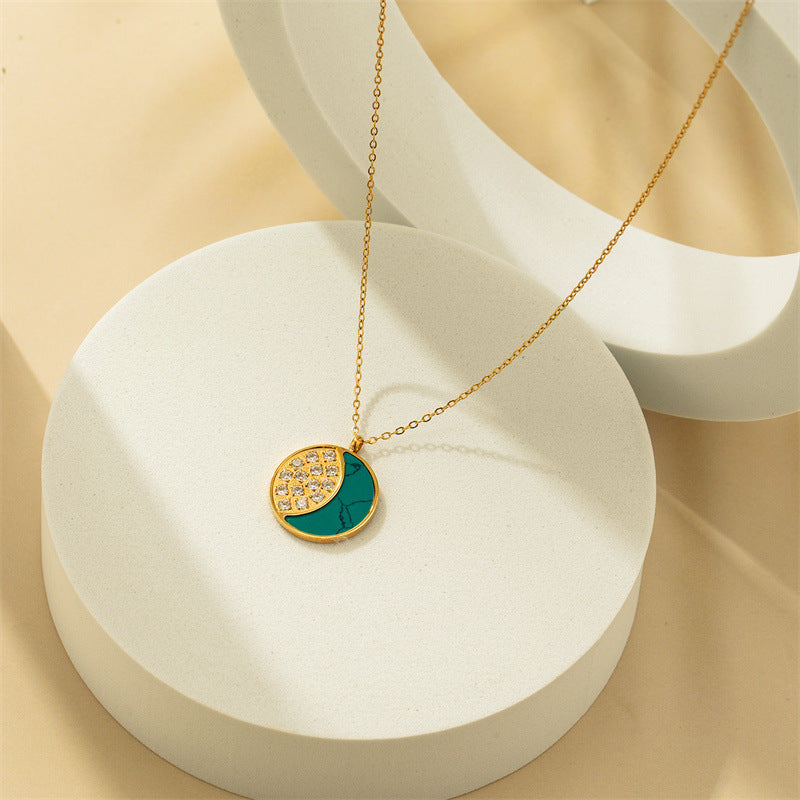 Stainless Steel Turquoise Moon Styling Inset Zircon Gold Necklace Obsesie