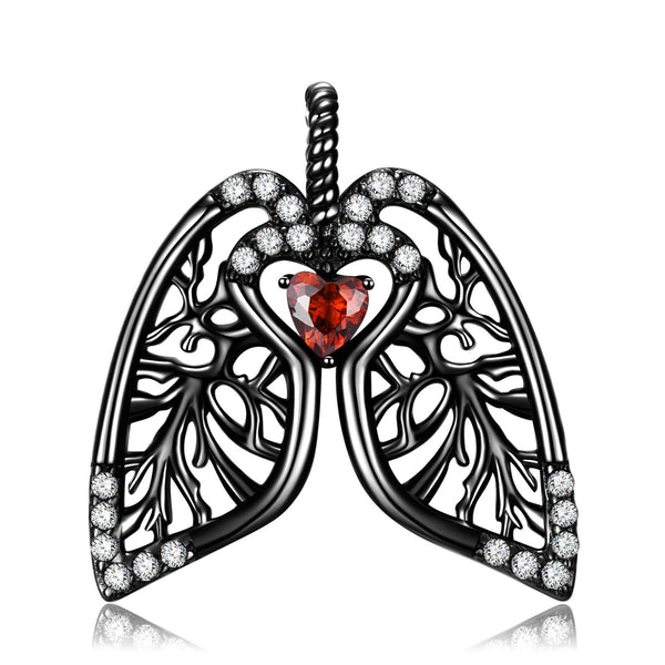 Sterling Silver Anatomical Lung Necklace Black Pendant with Red Heart Zircon Gothic Skull Jewelry Birthday Gifts for Women Obsesie