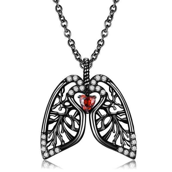 Sterling Silver Anatomical Lung Necklace Black Pendant with Red Heart Zircon Gothic Skull Jewelry Birthday Gifts for Women Obsesie