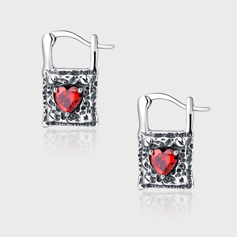 Sterling Silver Earrings Vintage Silver Lock Earrings Inlaid With Heart-shaped Zircon S925 Silver Obsesie