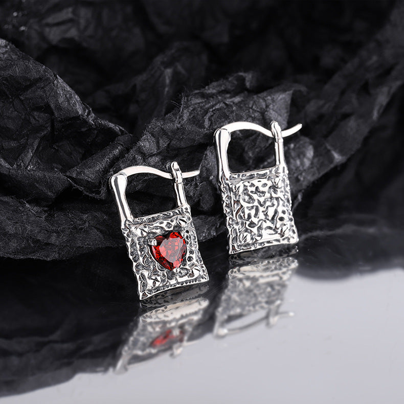 Sterling Silver Earrings Vintage Silver Lock Earrings Inlaid With Heart-shaped Zircon S925 Silver Obsesie