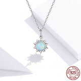 Sterling Silver S925 Ladies Opal Sun Necklace Platinum Plated Pendant Jewelry Gift for Women Girls Obsesie