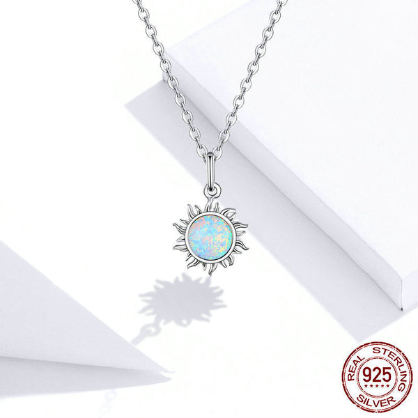 Sterling Silver S925 Ladies Opal Sun Necklace Platinum Plated Pendant Jewelry Gift for Women Girls Obsesie