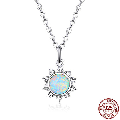 Sterling Silver S925 Ladies Opal Sun Necklace Platinum Plated Pendant Jewelry Gift for Women Girls Obsesie