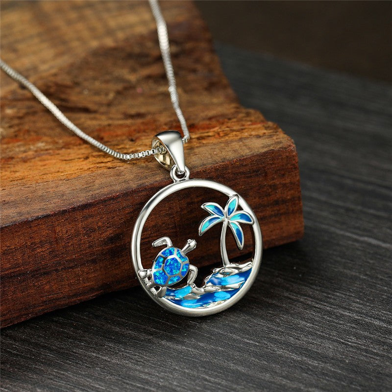 Summertime Turtle and Palm Tree Blue Fire Stone Necklace Obsesie