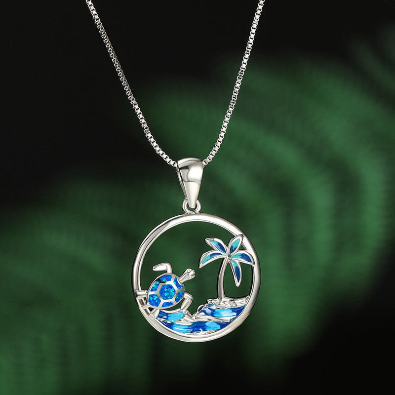 Summertime Turtle and Palm Tree Blue Fire Stone Necklace Obsesie