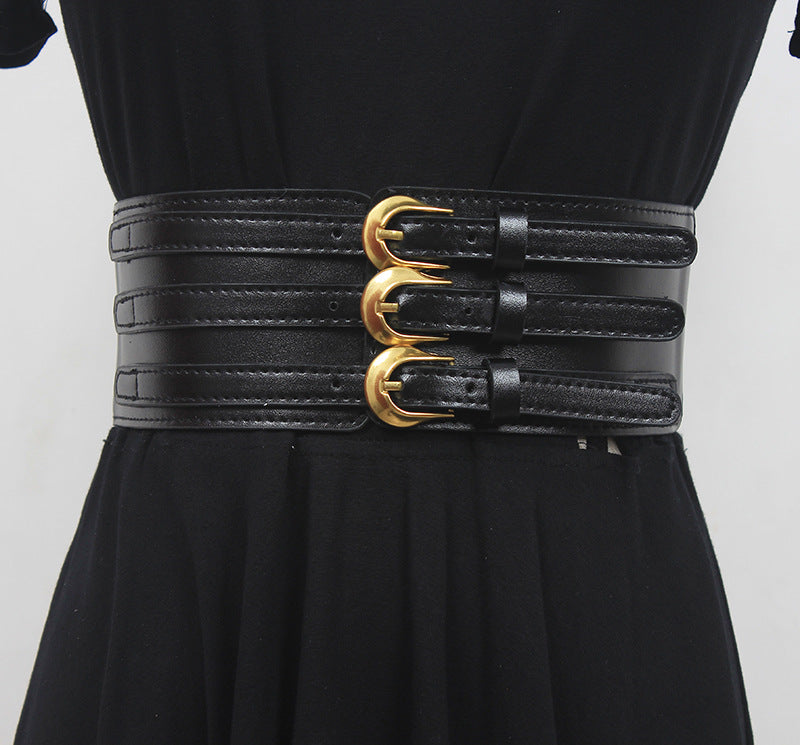 Three-row Pin Buckle PU Leather Girdle Women's Decorative Shirt Dress Button All-match Wide Belt Obsesie