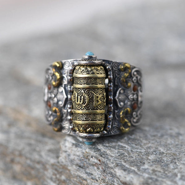 Tibetan Buddhist ring - Petitioning God factory mantra of empathy - Silver 925 , Turquoise copper and nan hong Obsesie