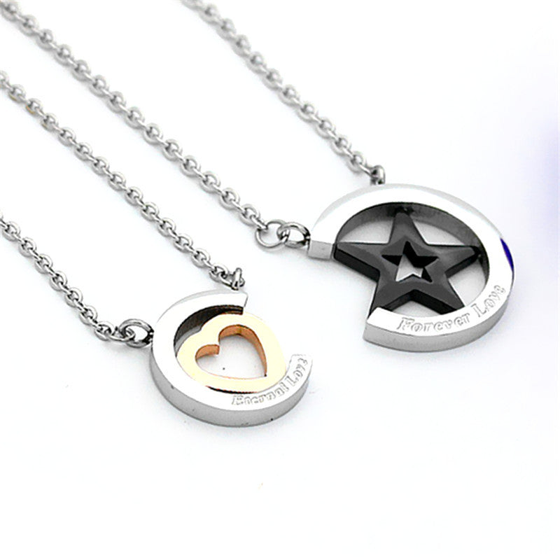 Titanium Stainless Steel Forever Love Star and Heart Charm Couple Necklace Obsesie