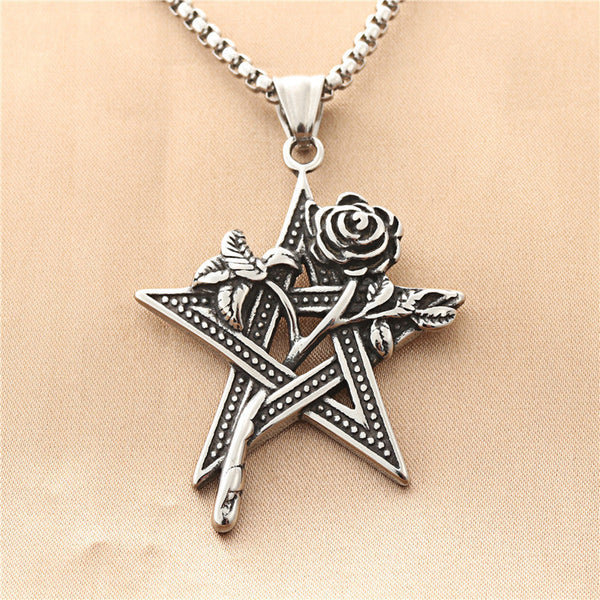 Titanium Steel Five Pointed Star Rose Pendant Necklace Obsesie