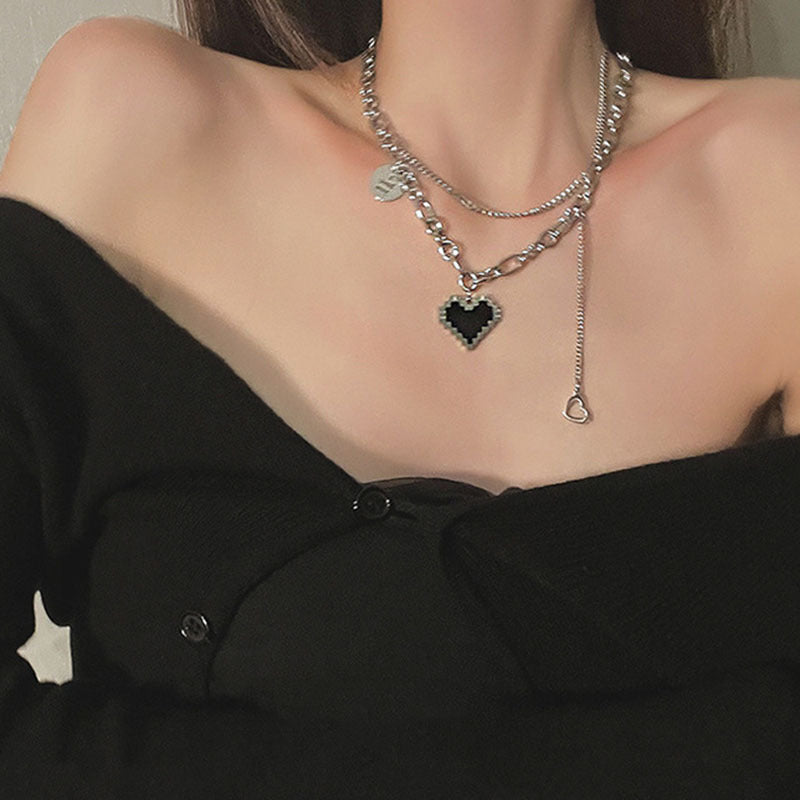 Titanium Steel Love Heart Clavicle Chain Double Layered Wear Obsesie