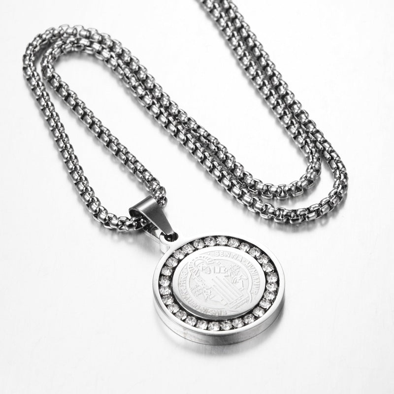 Titanium Steel Round Medal Saint Benedict Protection Necklace