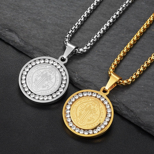 Titanium Steel Round Medal Saint Benedict Protection Necklace