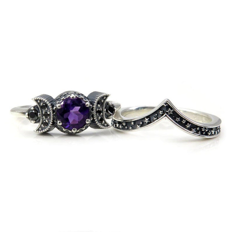Triple Moon Goddess Gothic Purple Crystal Ring Obsesie