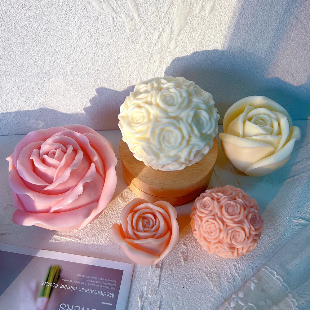 Rose blooms and clustered rose balls displayed together