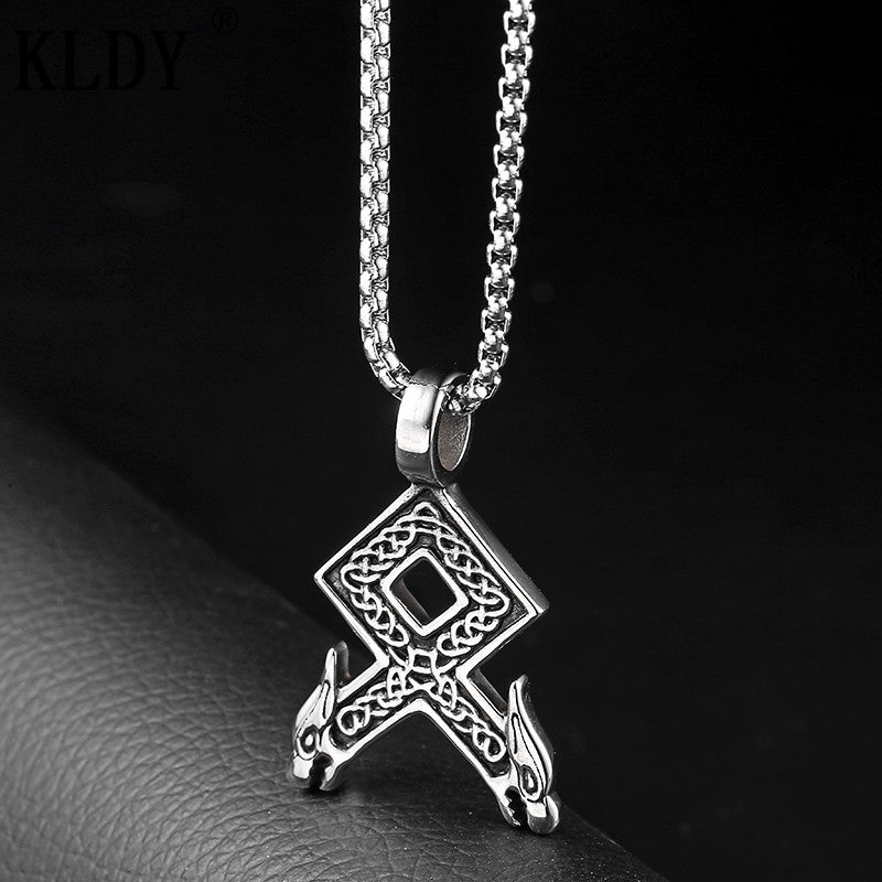 Viking Rune Othala Wolf Heads with knotwork Pendant Necklace Obsesie