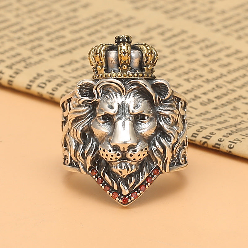 Vintage Crown Lion King Sterling Silver Cross Male Lion Head Ring Obsesie