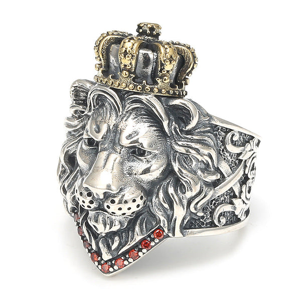 Vintage Crown Lion King Sterling Silver Cross Male Lion Head Ring Obsesie