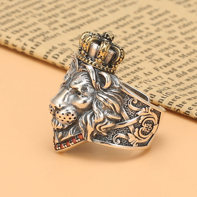 Vintage Crown Lion King Sterling Silver Cross Male Lion Head Ring Obsesie