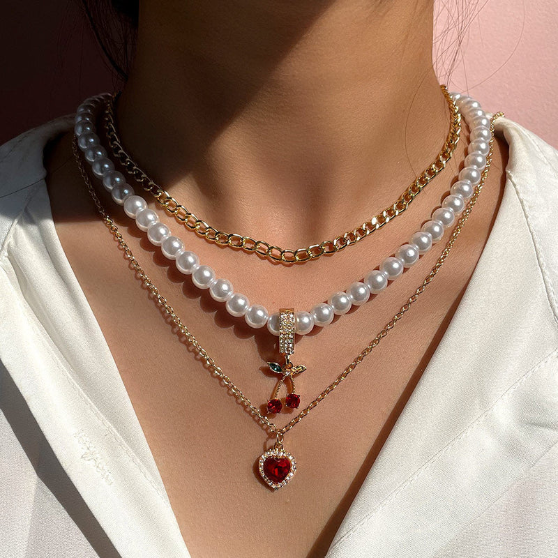 Vintage Fashion Red Cherry Pendant Pearl Necklace Couple Love Accessories Multi-Layer Necklace Obsesie
