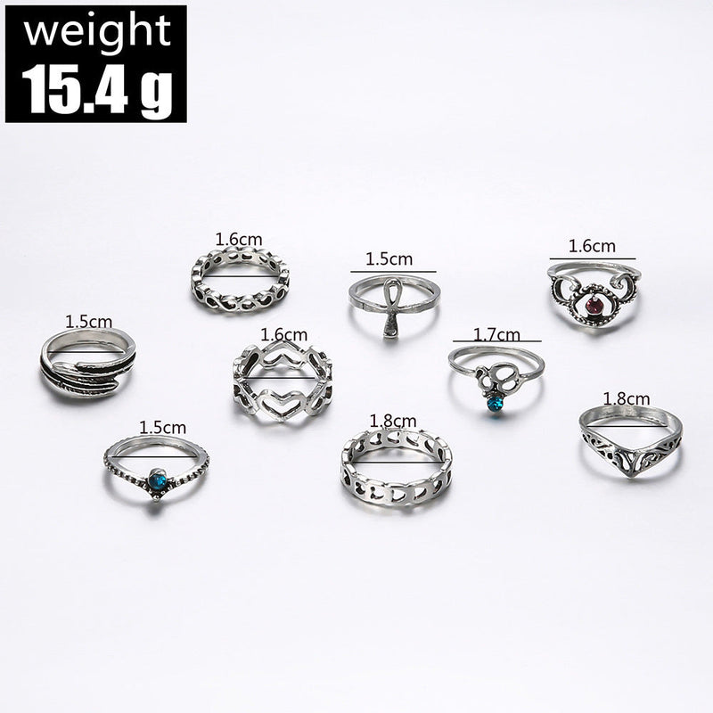 Vintage Inlaid Gemstone Carved Knuckle Rings Hollow Heart 9-piece Ring Obsesie