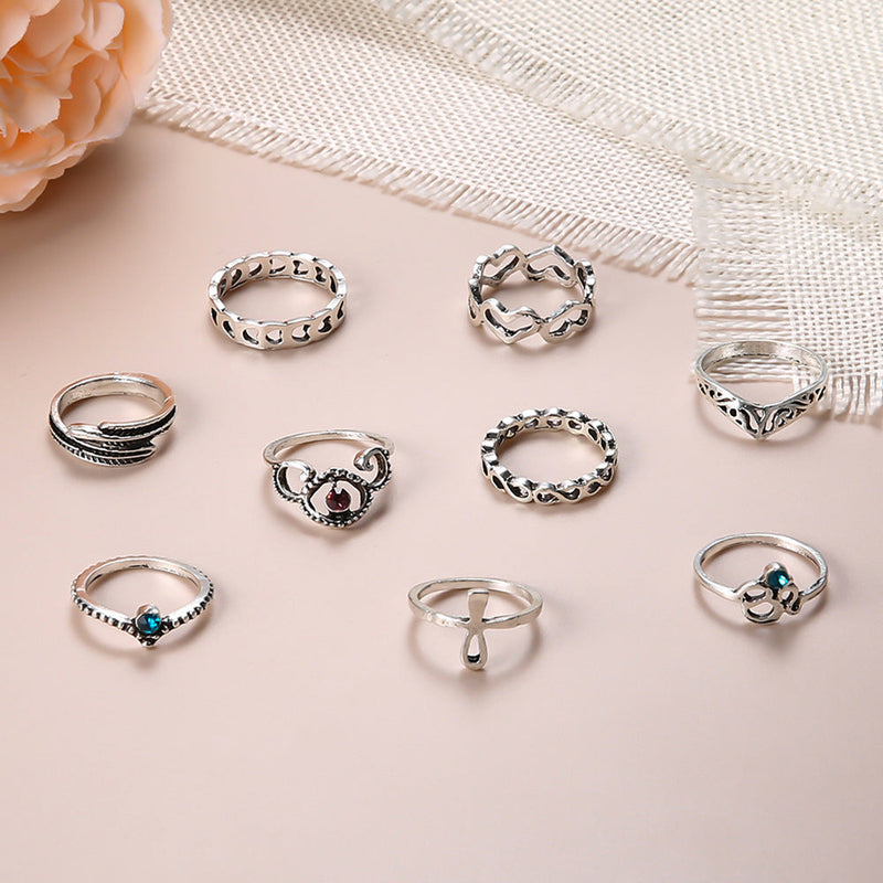 Vintage Inlaid Gemstone Carved Knuckle Rings Hollow Heart 9-piece Ring Obsesie