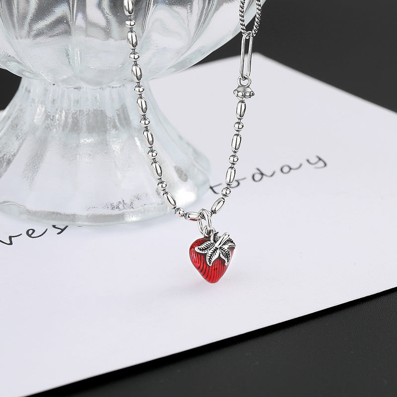 Vintage S925 Sterling Silver Colorful Strawberry Pendant Necklace - Adorable and Unique Obsesie