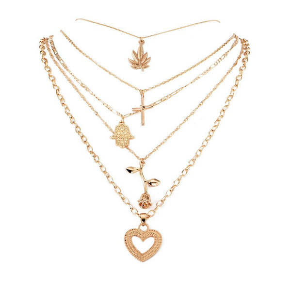 Vintage Style Maple Leaf Palm Rose Heart Pendants Multilayer Chain Necklace Obsesie