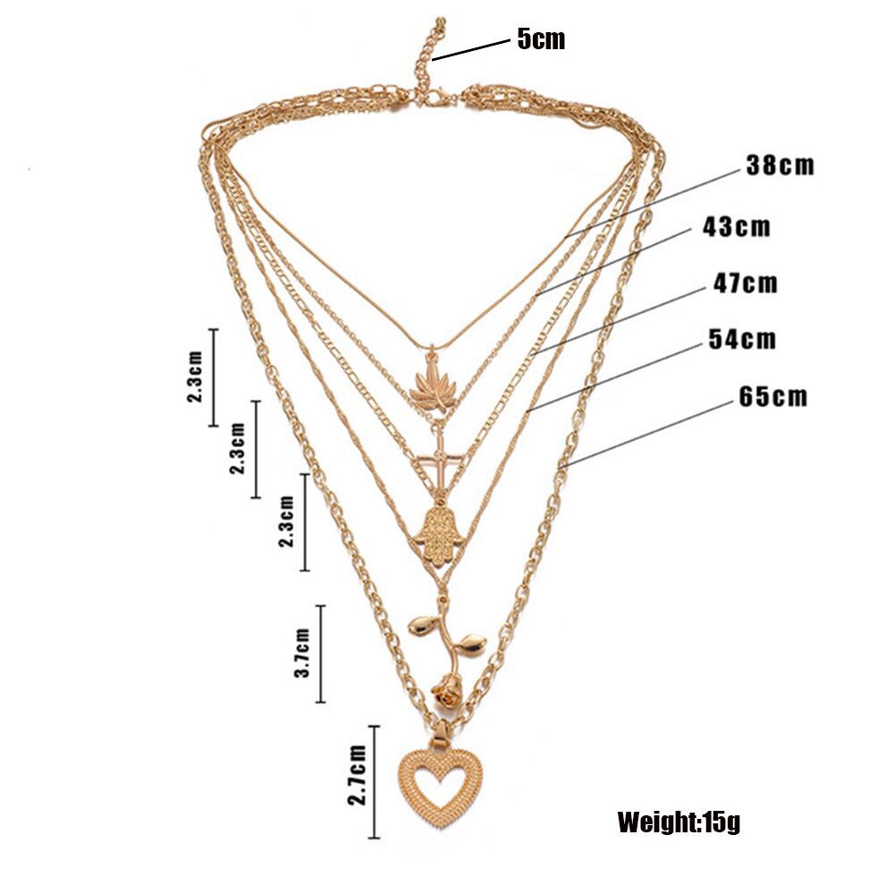 Vintage Style Maple Leaf Palm Rose Heart Pendants Multilayer Chain Necklace Obsesie